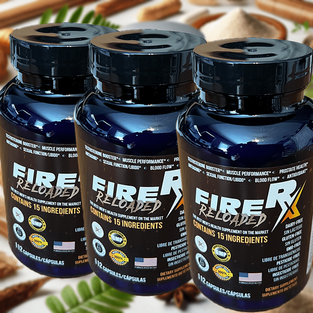 Three bottles of fire rx supplement on a table.